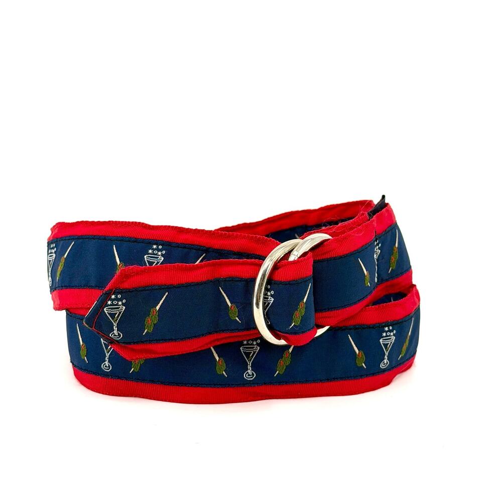 CK Bradley Navy Red Martini Olive Print Ribbon D-Ring Belt